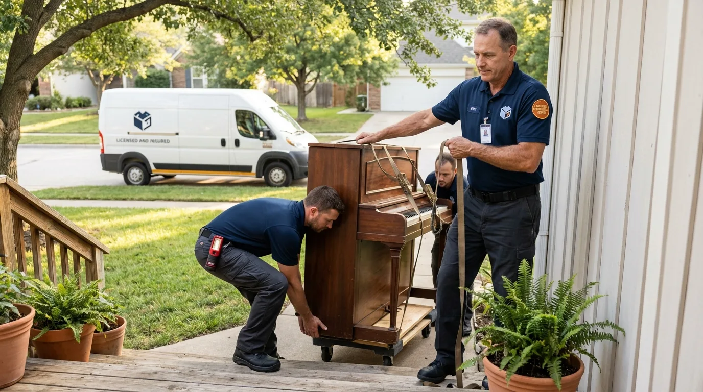 Licensed piano movers securing grand piano in Frisco City, AL