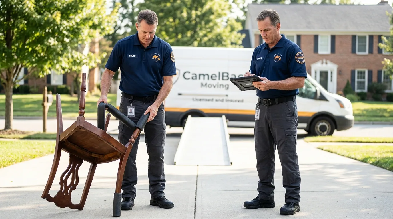 Movers inspecting furniture for damage prevention before loading in Frisco City, AL