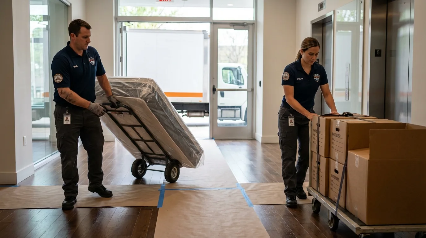 Professional apartment movers loading elevator in Frisco City, AL