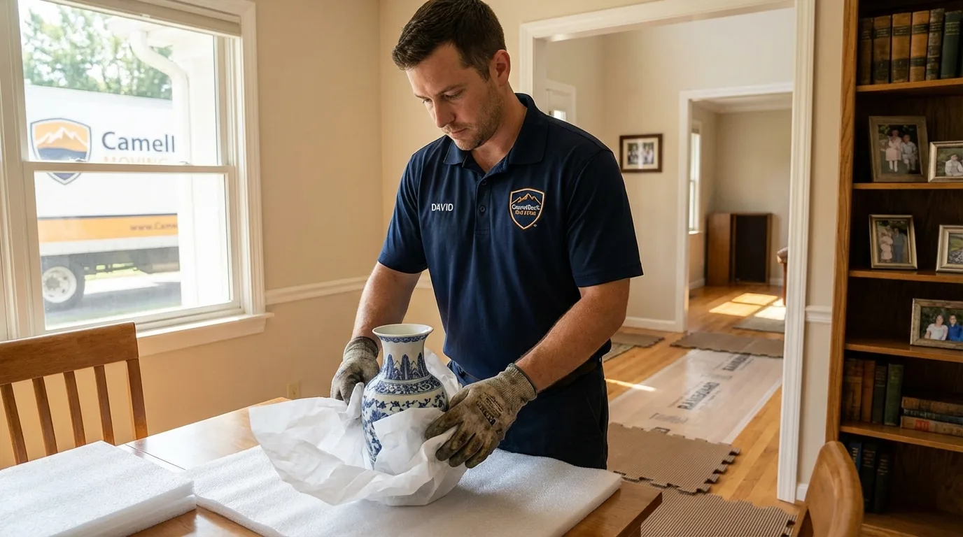 Professional crew carefully wrapping antique vase for senior downsizing move in Frisco City, AL